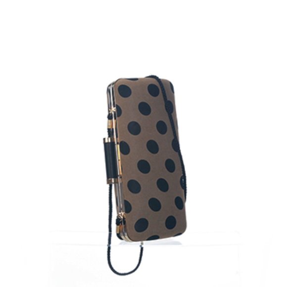 Kate Laundry Tan Crossbody or Clutch Purse w Large Black Dots - Picture 6 of 11